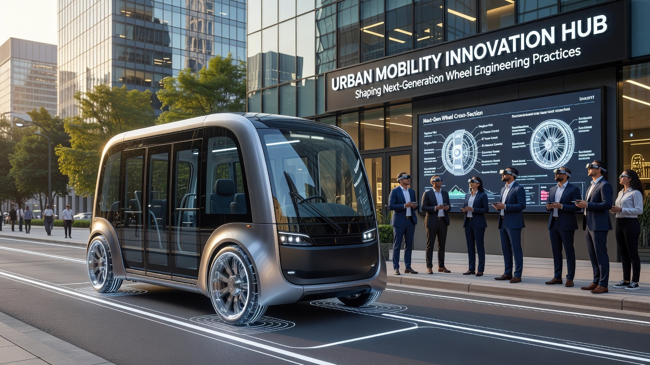 Close-up of advanced wheel prototypes undergoing urban durability trials on simulated city streets