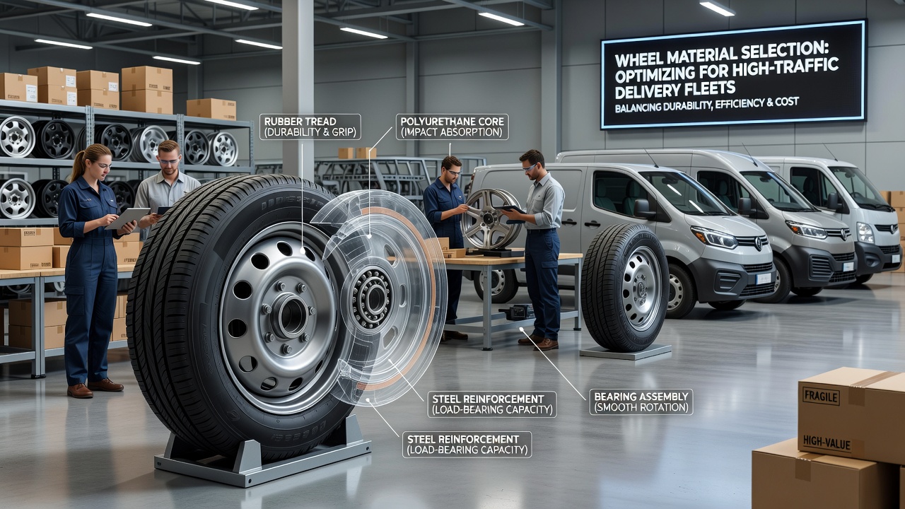 Close-up view of wheel assemblies on delivery vans showing material differences in urban delivery conditions